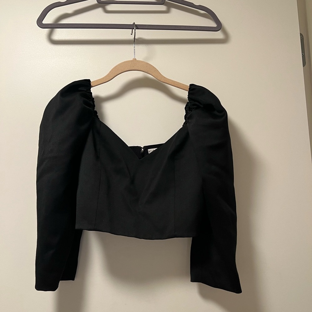 Alice + Olivia Black “Solange Puff Sleeve” Blouse/Crop Top
